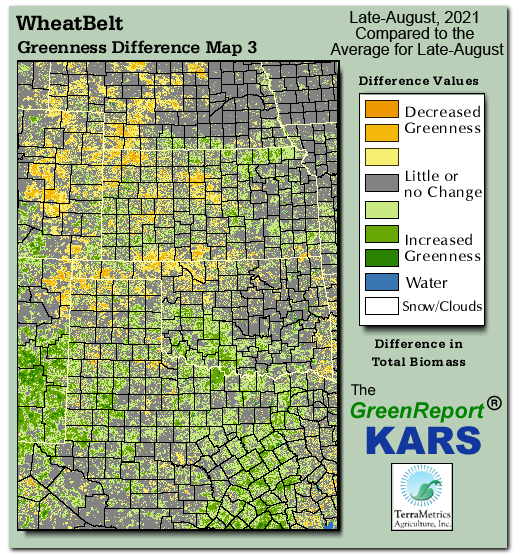Color-coded Wheat Belt vegetation greeness index map for Period 34 of 2021, illustrating spatial variations in plant vigor, with greener tones indicating higher biomass and browner tones indicating stressed vegetation,
              comparing current crop/vegetation change in biomass to the 20-year greenness average.
