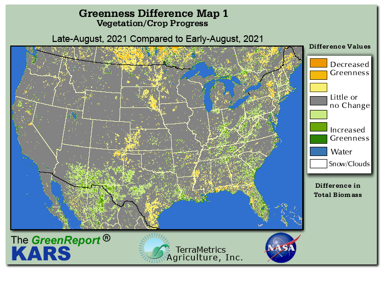 Color-coded U.S. vegetation greeness index map for Period 35 of 2021, illustrating spatial variations in plant vigor, with greener tones indicating higher biomass and browner tones indicating stressed vegetation,
              comparing current crop/vegetation change in biomass to the previous week within the same year.
