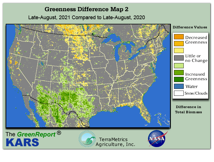 Color-coded U.S. vegetation greeness index map for Period 35 of 2021, illustrating spatial variations in plant vigor, with greener tones indicating higher biomass and browner tones indicating stressed vegetation,
              comparing current crop/vegetation change in biomass to same period from the previous year.