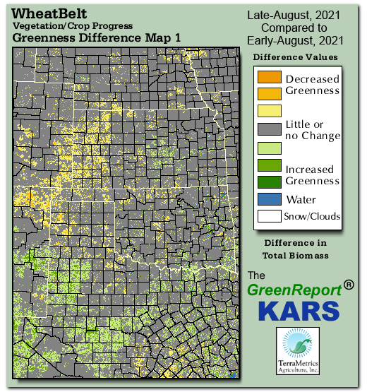 Color-coded Wheat Belt vegetation greeness index map for Period 35 of 2021, illustrating spatial variations in plant vigor, with greener tones indicating higher biomass and browner tones indicating stressed vegetation,
              comparing current crop/vegetation change in biomass to the previous week within the same year.