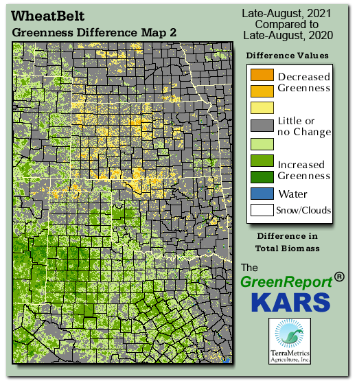 Color-coded Wheat Belt vegetation greeness index map for Period 35 of 2021, illustrating spatial variations in plant vigor, with greener tones indicating higher biomass and browner tones indicating stressed vegetation,
              comparing current crop/vegetation change in biomass to same period from the previous year.