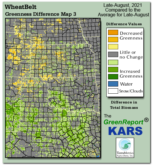 Color-coded Wheat Belt vegetation greeness index map for Period 35 of 2021, illustrating spatial variations in plant vigor, with greener tones indicating higher biomass and browner tones indicating stressed vegetation,
              comparing current crop/vegetation change in biomass to the 20-year greenness average.