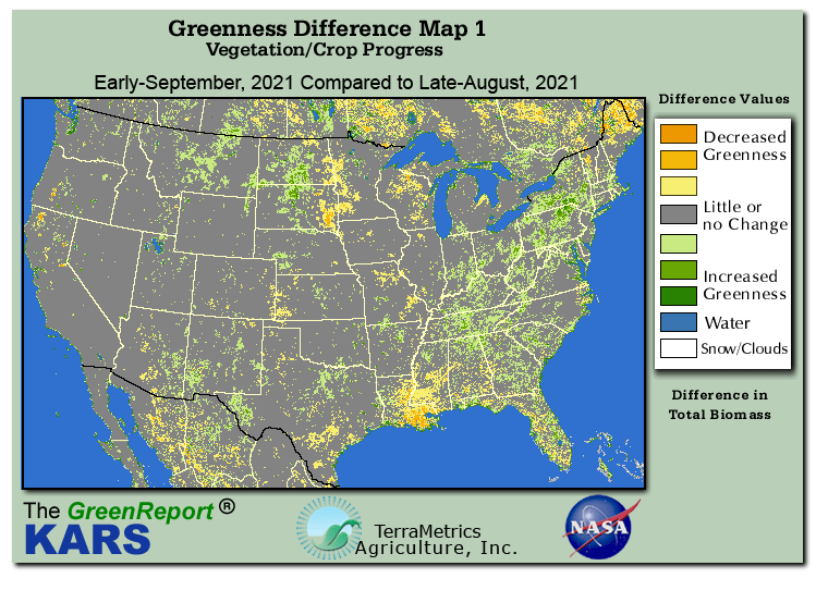 Color-coded U.S. vegetation greeness index map for Period 36 of 2021, illustrating spatial variations in plant vigor, with greener tones indicating higher biomass and browner tones indicating stressed vegetation,
              comparing current crop/vegetation change in biomass to the previous week within the same year.