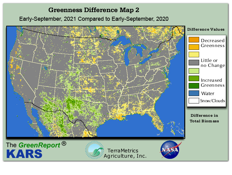 Color-coded U.S. vegetation greeness index map for Period 36 of 2021, illustrating spatial variations in plant vigor, with greener tones indicating higher biomass and browner tones indicating stressed vegetation,
              comparing current crop/vegetation change in biomass to same period from the previous year.