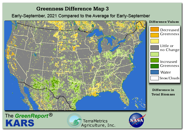 Color-coded U.S. vegetation greeness index map for Period 36 of 2021, illustrating spatial variations in plant vigor, with greener tones indicating higher biomass and browner tones indicating stressed vegetation,
              comparing current crop/vegetation change in biomass to the 20-year greenness average.