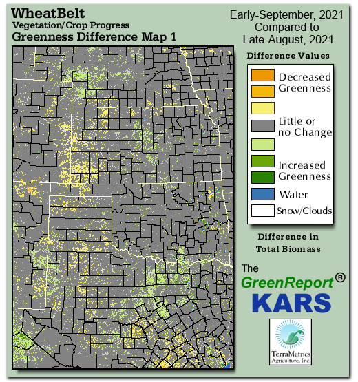 Color-coded Wheat Belt vegetation greeness index map for Period 36 of 2021, illustrating spatial variations in plant vigor, with greener tones indicating higher biomass and browner tones indicating stressed vegetation,
              comparing current crop/vegetation change in biomass to the previous week within the same year.