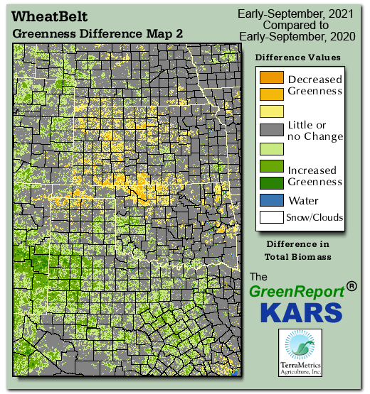Color-coded Wheat Belt vegetation greeness index map for Period 36 of 2021, illustrating spatial variations in plant vigor, with greener tones indicating higher biomass and browner tones indicating stressed vegetation,
              comparing current crop/vegetation change in biomass to same period from the previous year.
