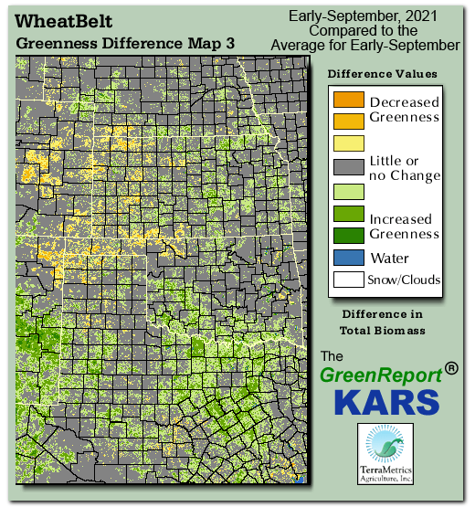 Color-coded Wheat Belt vegetation greeness index map for Period 36 of 2021, illustrating spatial variations in plant vigor, with greener tones indicating higher biomass and browner tones indicating stressed vegetation,
              comparing current crop/vegetation change in biomass to the 20-year greenness average.