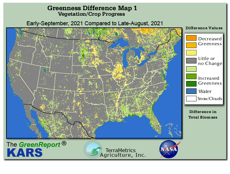 Color-coded U.S. vegetation greeness index map for Period 37 of 2021, illustrating spatial variations in plant vigor, with greener tones indicating higher biomass and browner tones indicating stressed vegetation,
              comparing current crop/vegetation change in biomass to the previous week within the same year.