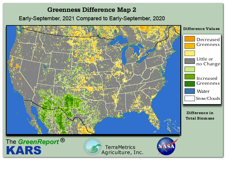 Color-coded U.S. vegetation greeness index map for Period 37 of 2021, illustrating spatial variations in plant vigor, with greener tones indicating higher biomass and browner tones indicating stressed vegetation,
              comparing current crop/vegetation change in biomass to same period from the previous year.
