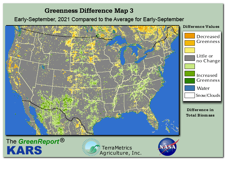 Color-coded U.S. vegetation greeness index map for Period 37 of 2021, illustrating spatial variations in plant vigor, with greener tones indicating higher biomass and browner tones indicating stressed vegetation,
              comparing current crop/vegetation change in biomass to the 20-year greenness average.