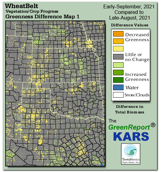 Color-coded Wheat Belt vegetation greeness index map for Period 37 of 2021, illustrating spatial variations in plant vigor, with greener tones indicating higher biomass and browner tones indicating stressed vegetation,
              comparing current crop/vegetation change in biomass to the previous week within the same year.