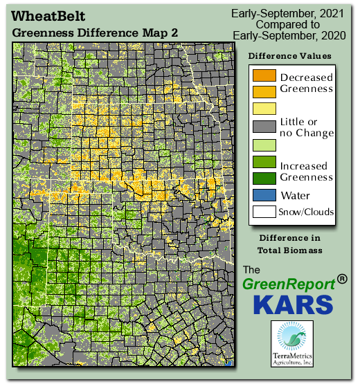 Color-coded Wheat Belt vegetation greeness index map for Period 37 of 2021, illustrating spatial variations in plant vigor, with greener tones indicating higher biomass and browner tones indicating stressed vegetation,
              comparing current crop/vegetation change in biomass to same period from the previous year.