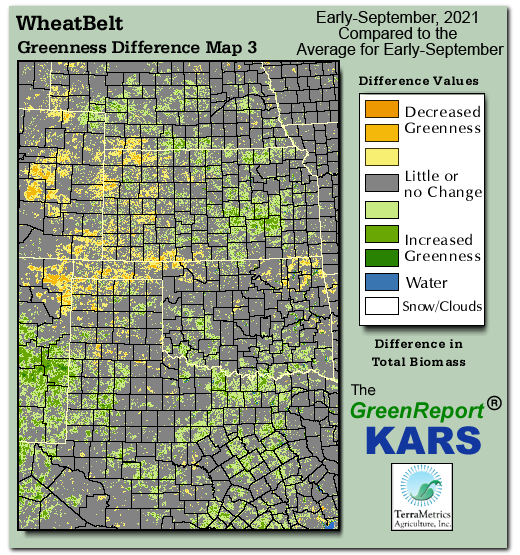 Color-coded Wheat Belt vegetation greeness index map for Period 37 of 2021, illustrating spatial variations in plant vigor, with greener tones indicating higher biomass and browner tones indicating stressed vegetation,
              comparing current crop/vegetation change in biomass to the 20-year greenness average.