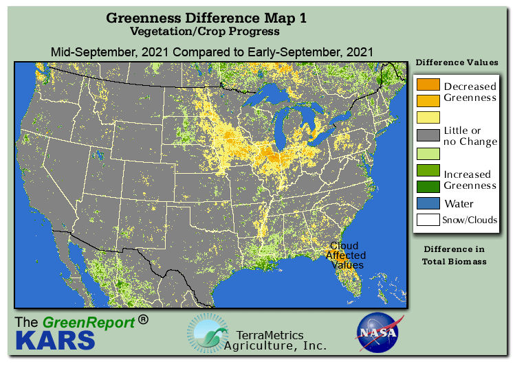 Color-coded U.S. vegetation greeness index map for Period 38 of 2021, illustrating spatial variations in plant vigor, with greener tones indicating higher biomass and browner tones indicating stressed vegetation,
              comparing current crop/vegetation change in biomass to the previous week within the same year.