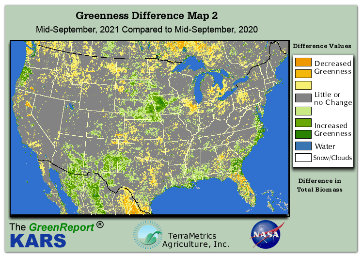 Color-coded U.S. vegetation greeness index map for Period 38 of 2021, illustrating spatial variations in plant vigor, with greener tones indicating higher biomass and browner tones indicating stressed vegetation,
              comparing current crop/vegetation change in biomass to same period from the previous year.