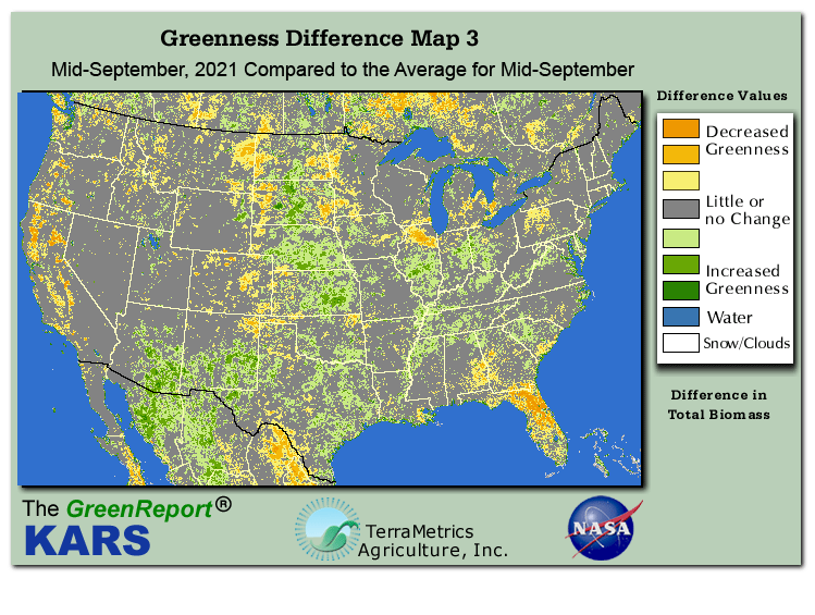 Color-coded U.S. vegetation greeness index map for Period 38 of 2021, illustrating spatial variations in plant vigor, with greener tones indicating higher biomass and browner tones indicating stressed vegetation,
              comparing current crop/vegetation change in biomass to the 20-year greenness average.