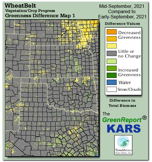 Color-coded Wheat Belt vegetation greeness index map for Period 38 of 2021, illustrating spatial variations in plant vigor, with greener tones indicating higher biomass and browner tones indicating stressed vegetation,
              comparing current crop/vegetation change in biomass to the previous week within the same year.