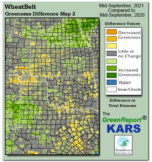 Color-coded Wheat Belt vegetation greeness index map for Period 38 of 2021, illustrating spatial variations in plant vigor, with greener tones indicating higher biomass and browner tones indicating stressed vegetation,
              comparing current crop/vegetation change in biomass to same period from the previous year.