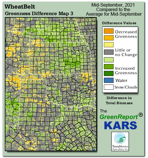 Color-coded Wheat Belt vegetation greeness index map for Period 38 of 2021, illustrating spatial variations in plant vigor, with greener tones indicating higher biomass and browner tones indicating stressed vegetation,
              comparing current crop/vegetation change in biomass to the 20-year greenness average.