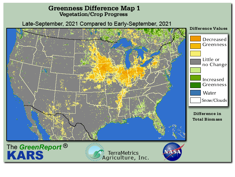 Color-coded U.S. vegetation greeness index map for Period 39 of 2021, illustrating spatial variations in plant vigor, with greener tones indicating higher biomass and browner tones indicating stressed vegetation,
              comparing current crop/vegetation change in biomass to the previous week within the same year.