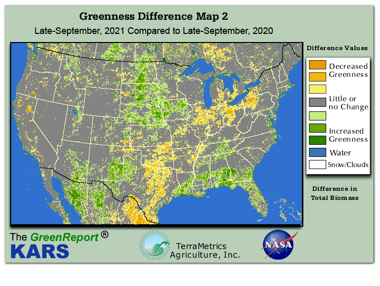 Color-coded U.S. vegetation greeness index map for Period 39 of 2021, illustrating spatial variations in plant vigor, with greener tones indicating higher biomass and browner tones indicating stressed vegetation,
              comparing current crop/vegetation change in biomass to same period from the previous year.