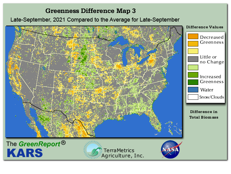 Color-coded U.S. vegetation greeness index map for Period 39 of 2021, illustrating spatial variations in plant vigor, with greener tones indicating higher biomass and browner tones indicating stressed vegetation,
              comparing current crop/vegetation change in biomass to the 20-year greenness average.