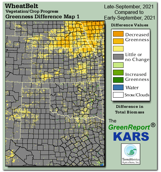 Color-coded Wheat Belt vegetation greeness index map for Period 39 of 2021, illustrating spatial variations in plant vigor, with greener tones indicating higher biomass and browner tones indicating stressed vegetation,
              comparing current crop/vegetation change in biomass to the previous week within the same year.