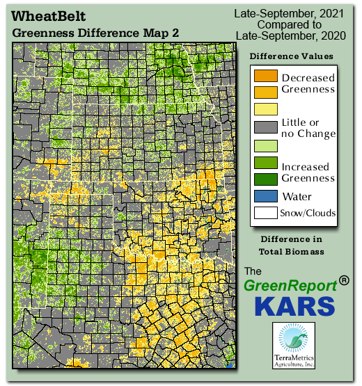 Color-coded Wheat Belt vegetation greeness index map for Period 39 of 2021, illustrating spatial variations in plant vigor, with greener tones indicating higher biomass and browner tones indicating stressed vegetation,
              comparing current crop/vegetation change in biomass to same period from the previous year.