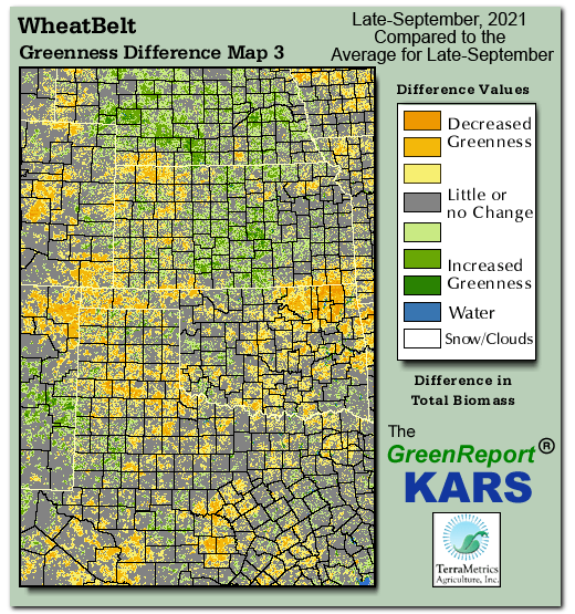 Color-coded Wheat Belt vegetation greeness index map for Period 39 of 2021, illustrating spatial variations in plant vigor, with greener tones indicating higher biomass and browner tones indicating stressed vegetation,
              comparing current crop/vegetation change in biomass to the 20-year greenness average.