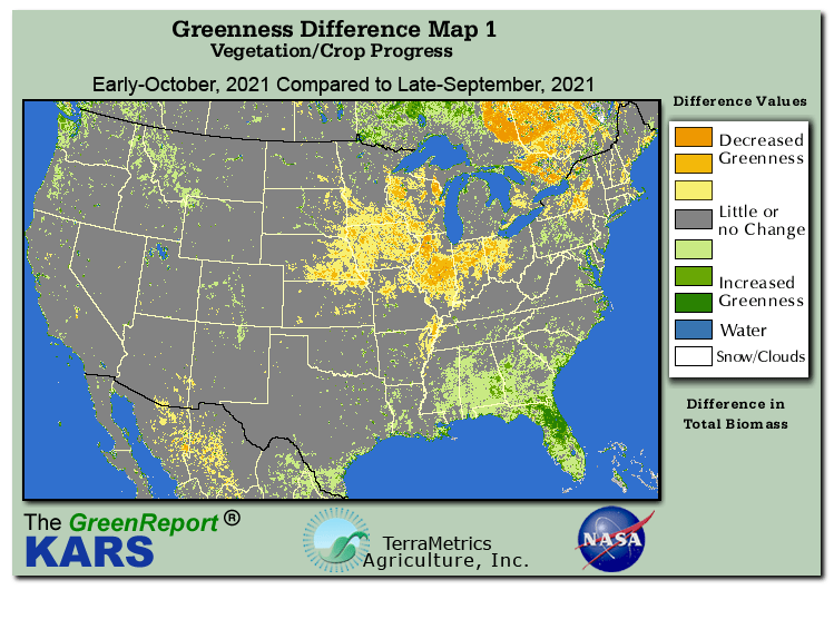 Color-coded U.S. vegetation greeness index map for Period 40 of 2021, illustrating spatial variations in plant vigor, with greener tones indicating higher biomass and browner tones indicating stressed vegetation,
              comparing current crop/vegetation change in biomass to the previous week within the same year.