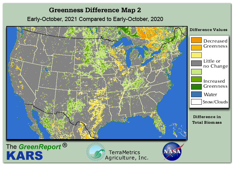 Color-coded U.S. vegetation greeness index map for Period 40 of 2021, illustrating spatial variations in plant vigor, with greener tones indicating higher biomass and browner tones indicating stressed vegetation,
              comparing current crop/vegetation change in biomass to same period from the previous year.