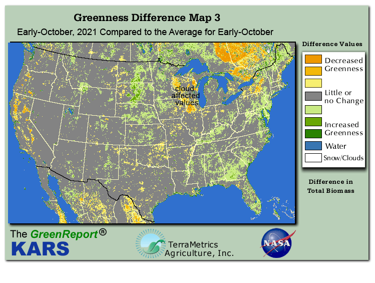 Color-coded U.S. vegetation greeness index map for Period 40 of 2021, illustrating spatial variations in plant vigor, with greener tones indicating higher biomass and browner tones indicating stressed vegetation,
              comparing current crop/vegetation change in biomass to the 20-year greenness average.