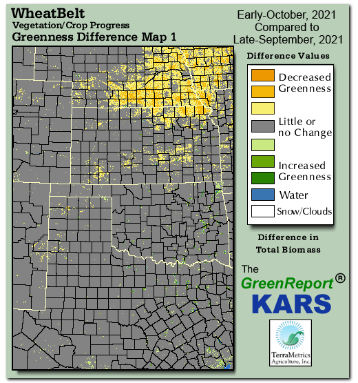 Color-coded Wheat Belt vegetation greeness index map for Period 40 of 2021, illustrating spatial variations in plant vigor, with greener tones indicating higher biomass and browner tones indicating stressed vegetation,
              comparing current crop/vegetation change in biomass to the previous week within the same year.