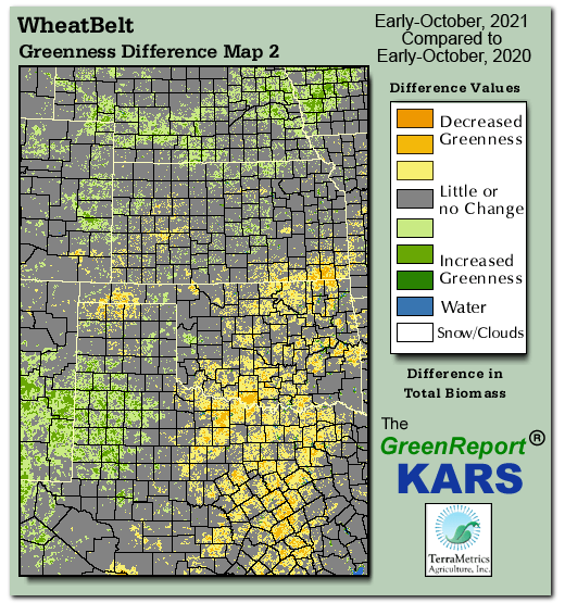 Color-coded Wheat Belt vegetation greeness index map for Period 40 of 2021, illustrating spatial variations in plant vigor, with greener tones indicating higher biomass and browner tones indicating stressed vegetation,
              comparing current crop/vegetation change in biomass to same period from the previous year.