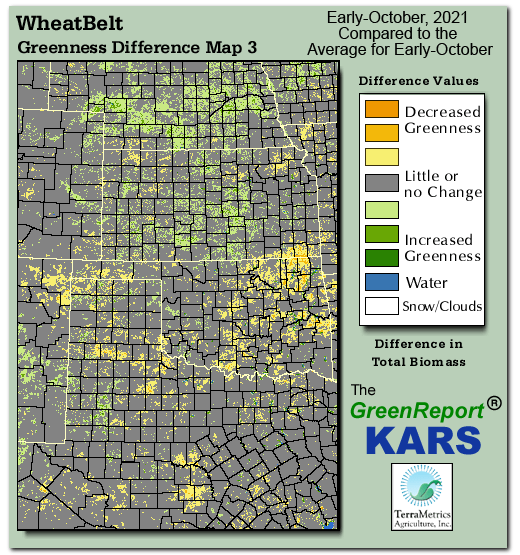 Color-coded Wheat Belt vegetation greeness index map for Period 40 of 2021, illustrating spatial variations in plant vigor, with greener tones indicating higher biomass and browner tones indicating stressed vegetation,
              comparing current crop/vegetation change in biomass to the 20-year greenness average.