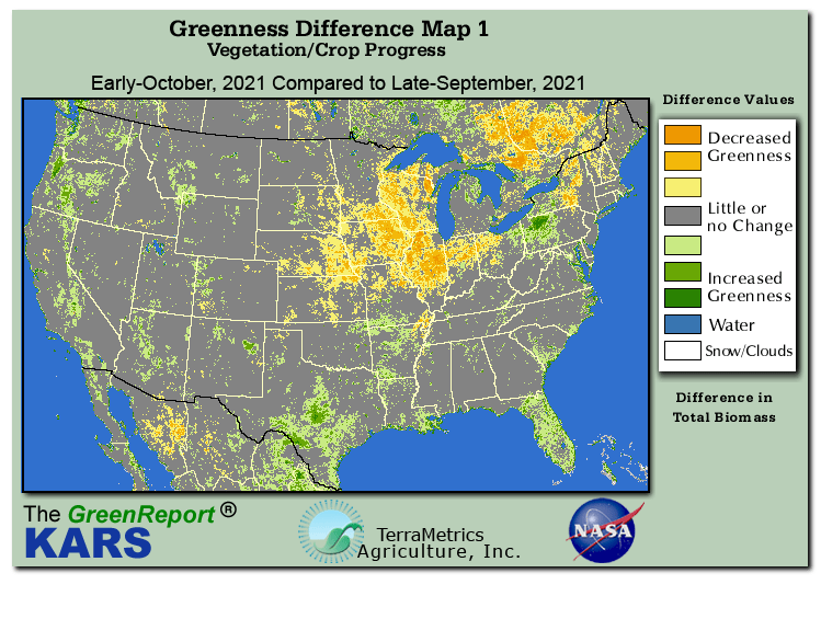Color-coded U.S. vegetation greeness index map for Period 41 of 2021, illustrating spatial variations in plant vigor, with greener tones indicating higher biomass and browner tones indicating stressed vegetation,
              comparing current crop/vegetation change in biomass to the previous week within the same year.