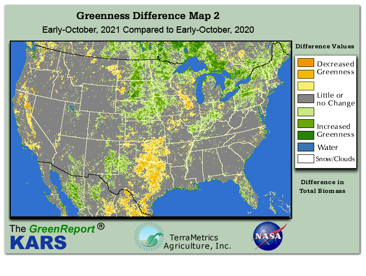 Color-coded U.S. vegetation greeness index map for Period 41 of 2021, illustrating spatial variations in plant vigor, with greener tones indicating higher biomass and browner tones indicating stressed vegetation,
              comparing current crop/vegetation change in biomass to same period from the previous year.
