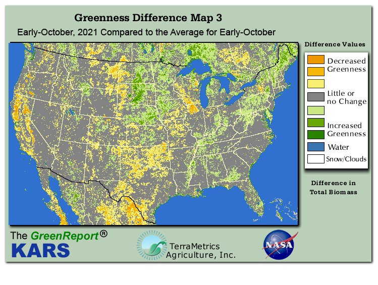 Color-coded U.S. vegetation greeness index map for Period 41 of 2021, illustrating spatial variations in plant vigor, with greener tones indicating higher biomass and browner tones indicating stressed vegetation,
              comparing current crop/vegetation change in biomass to the 20-year greenness average.