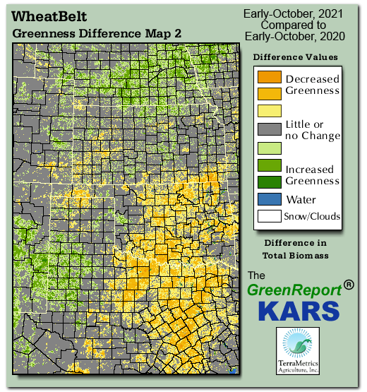 Color-coded Wheat Belt vegetation greeness index map for Period 41 of 2021, illustrating spatial variations in plant vigor, with greener tones indicating higher biomass and browner tones indicating stressed vegetation,
              comparing current crop/vegetation change in biomass to same period from the previous year.