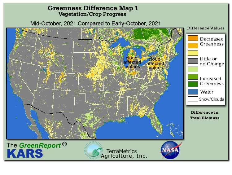 Color-coded U.S. vegetation greeness index map for Period 42 of 2021, illustrating spatial variations in plant vigor, with greener tones indicating higher biomass and browner tones indicating stressed vegetation,
              comparing current crop/vegetation change in biomass to the previous week within the same year.