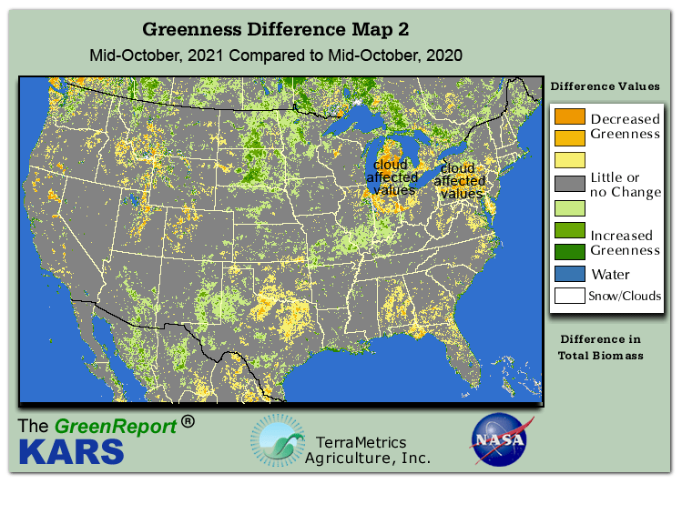 Color-coded U.S. vegetation greeness index map for Period 42 of 2021, illustrating spatial variations in plant vigor, with greener tones indicating higher biomass and browner tones indicating stressed vegetation,
              comparing current crop/vegetation change in biomass to same period from the previous year.