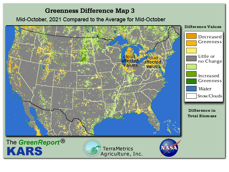 Color-coded U.S. vegetation greeness index map for Period 42 of 2021, illustrating spatial variations in plant vigor, with greener tones indicating higher biomass and browner tones indicating stressed vegetation,
              comparing current crop/vegetation change in biomass to the 20-year greenness average.