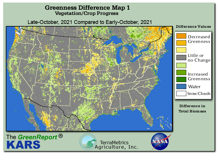 Color-coded U.S. vegetation greeness index map for Period 43 of 2021, illustrating spatial variations in plant vigor, with greener tones indicating higher biomass and browner tones indicating stressed vegetation,
              comparing current crop/vegetation change in biomass to the previous week within the same year.