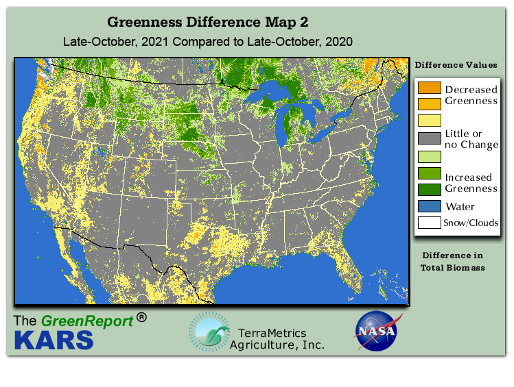Color-coded U.S. vegetation greeness index map for Period 43 of 2021, illustrating spatial variations in plant vigor, with greener tones indicating higher biomass and browner tones indicating stressed vegetation,
              comparing current crop/vegetation change in biomass to same period from the previous year.