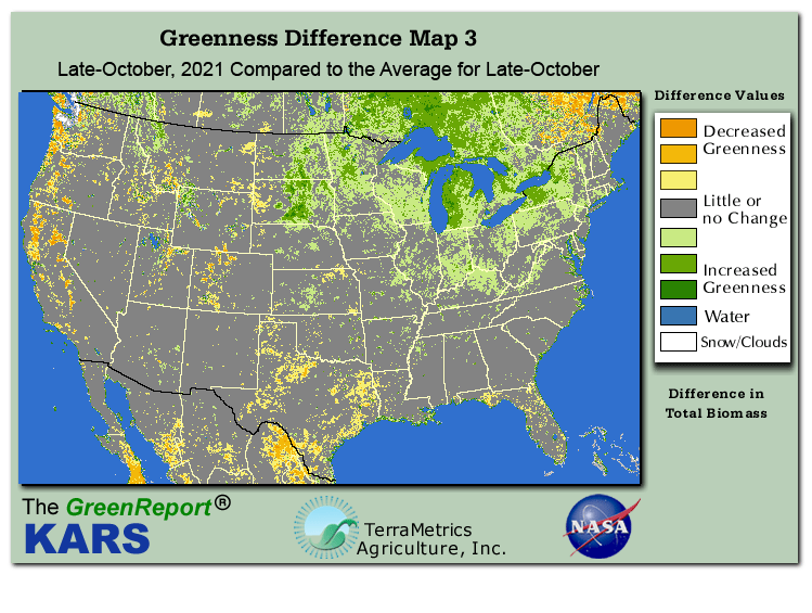 Color-coded U.S. vegetation greeness index map for Period 43 of 2021, illustrating spatial variations in plant vigor, with greener tones indicating higher biomass and browner tones indicating stressed vegetation,
              comparing current crop/vegetation change in biomass to the 20-year greenness average.