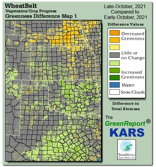 Color-coded Wheat Belt vegetation greeness index map for Period 43 of 2021, illustrating spatial variations in plant vigor, with greener tones indicating higher biomass and browner tones indicating stressed vegetation,
              comparing current crop/vegetation change in biomass to the previous week within the same year.