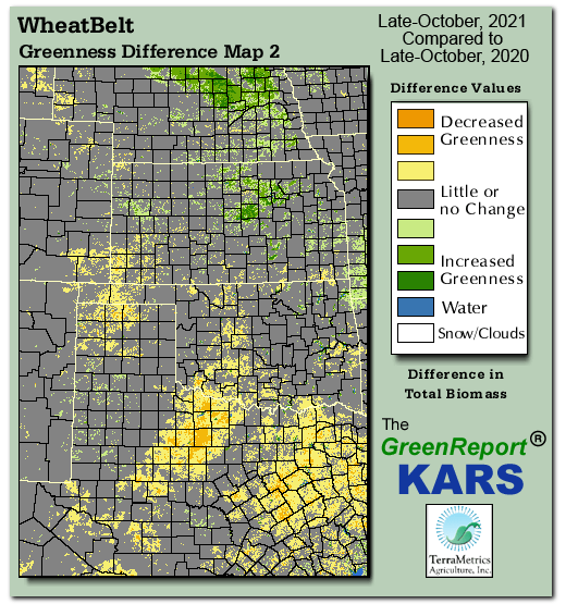 Color-coded Wheat Belt vegetation greeness index map for Period 43 of 2021, illustrating spatial variations in plant vigor, with greener tones indicating higher biomass and browner tones indicating stressed vegetation,
              comparing current crop/vegetation change in biomass to same period from the previous year.