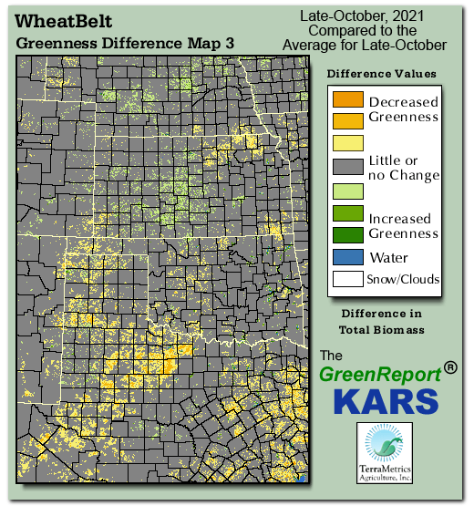 Color-coded Wheat Belt vegetation greeness index map for Period 43 of 2021, illustrating spatial variations in plant vigor, with greener tones indicating higher biomass and browner tones indicating stressed vegetation,
              comparing current crop/vegetation change in biomass to the 20-year greenness average.