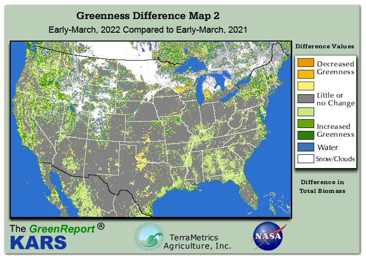 Color-coded U.S. vegetation greeness index map for Period 11 of 2022, illustrating spatial variations in plant vigor, with greener tones indicating higher biomass and browner tones indicating stressed vegetation,
              comparing current crop/vegetation change in biomass to same period from the previous year.